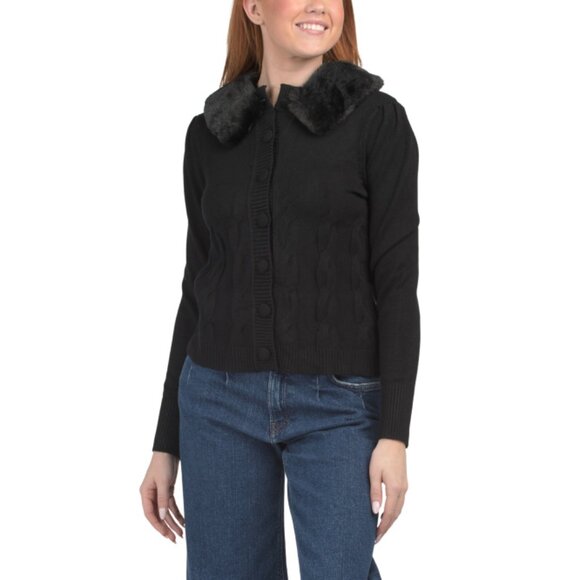 RAIN + ROSE Black Detachable Furry Collar Cardigan - Picture 1 of 2